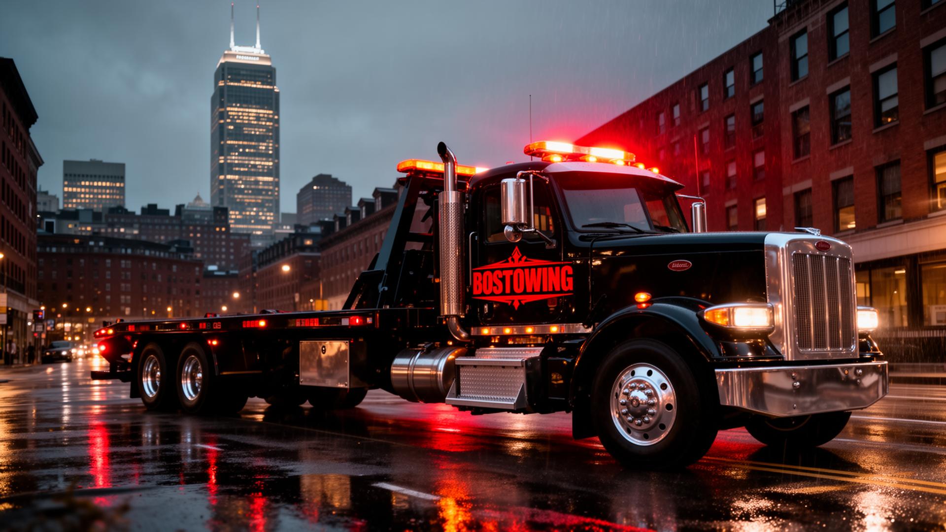 BosTowing flatbed tow truck with Boston skyline at dusk